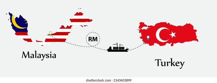 Business concept of both country. Ship transport from Malaysia go to Turkey. And flags symbol on maps. EPS.file.Cargo ship.