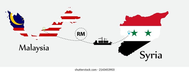 Business concept of both country. Ship transport from Malaysia go to Syria. And flags symbol on maps. EPS.file.Cargo ship.