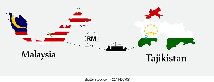 Business concept of both country. Ship transport from Malaysia go to Tajikistan. And flags symbol on maps. EPS.file.Cargo ship.