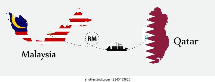 Business concept of both country. Ship transport from Malaysia go to Qatar. And flags symbol on maps. EPS.file.Cargo ship.