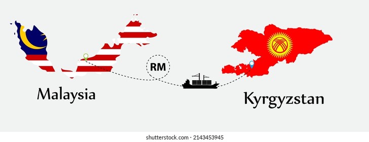 Business concept of both country. Ship transport from Malaysia go to Kyrgyzstan. And flags symbol on maps. EPS.file.Cargo ship.