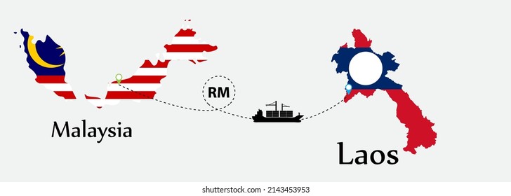 Business concept of both country. Ship transport from Malaysia go to Laos. And flags symbol on maps. EPS.file.Cargo ship.