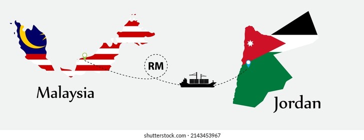 Business concept of both country. Ship transport from Malaysia go to Jordan. And flags symbol on maps. EPS.file.Cargo ship.