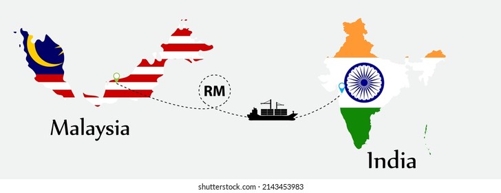 Business concept of both country. Ship transport from Malaysia go to India. And flags symbol on maps. EPS.file.Cargo ship.