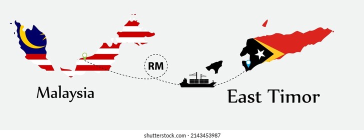 Business concept of both country. Ship transport from Malaysia go to East Timor. And flags symbol on maps. EPS.file.Cargo ship.