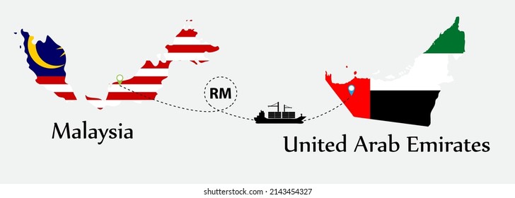 Business concept of both country. Ship transport from Malaysia go to United Arab Emirates. And flags symbol on maps. EPS.file.Cargo ship.