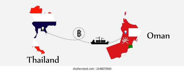 Business concept of both country. Ship transport from Thailand go to Oman. And flags symbol on maps. EPS.file.Cargo ship.