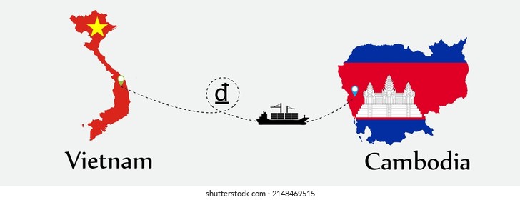Business concept of both country. Ship transport from Vietnam go to Cambodia. And flags symbol on maps. EPS.file.Cargo ship.
