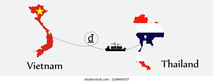 Concepto de negocio de ambos países. El transporte marítimo desde Vietnam va a Tailandia. Y símbolo de banderas en los mapas. Buque EPS.file.Cargo.