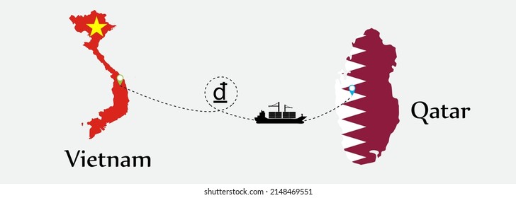 Business concept of both country. Ship transport from Vietnam go to Qatar. And flags symbol on maps. EPS.file.Cargo ship.