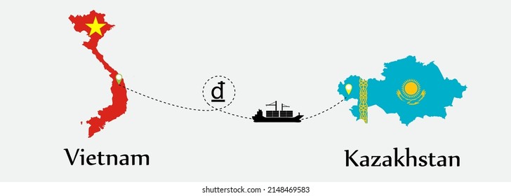 Business concept of both country. Ship transport from Vietnam go to Kazakhstan. And flags symbol on maps. EPS.file.Cargo ship.