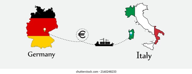 Business concept of both country. Ship transport from Germany go to Italy. And flags symbol on maps. EPS.file.Cargo ship.