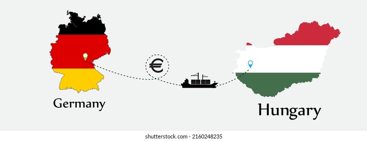 Business concept of both country. Ship transport from Germany go to Hungary. And flags symbol on maps. EPS.file.Cargo ship.