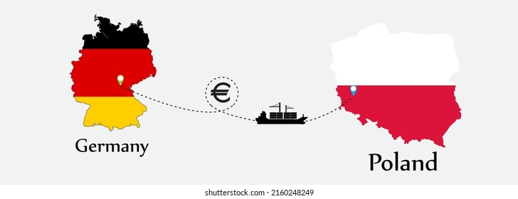 Business concept of both country. Ship transport from Germany go to Poland. And flags symbol on maps. EPS.file.Cargo ship.