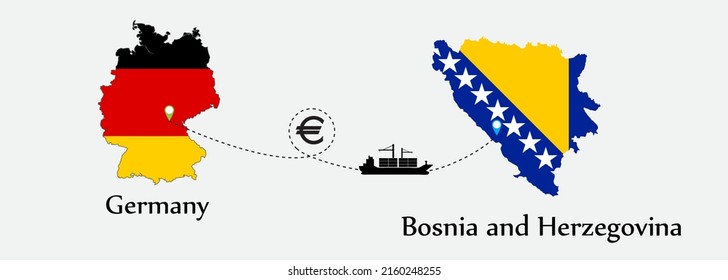 Business concept of both country. Ship transport from Germany go to Bosnia and Herzegovina. And flags symbol on maps. EPS.file.Cargo ship.