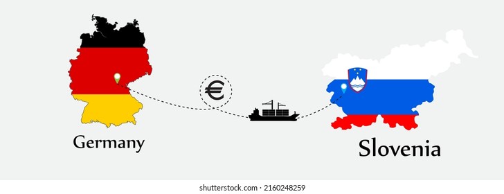 Business concept of both country. Ship transport from Germany go to Slovenia. And flags symbol on maps. EPS.file.Cargo ship.