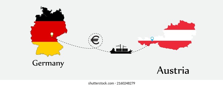 Business concept of both country. Ship transport from Germany go to Austria. And flags symbol on maps. EPS.file.Cargo ship.