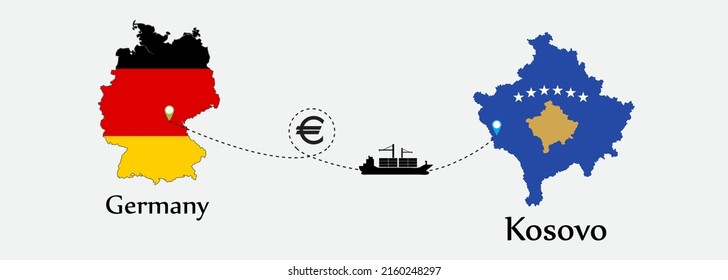 Business concept of both country. Ship transport from Germany go to Kosovo. And flags symbol on maps. EPS.file.Cargo ship.