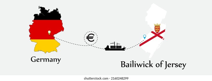 Business concept of both country. Ship transport from Germany go to Bailiwick of Jersey. And flags symbol on maps. EPS.file.Cargo ship.