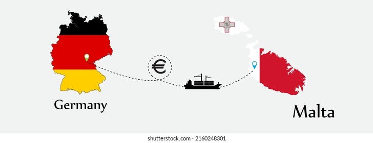 Business concept of both country. Ship transport from Germany go to Malta. And flags symbol on maps. EPS.file.Cargo ship.