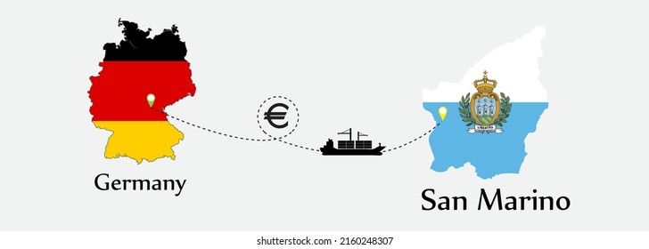 Business concept of both country. Ship transport from Germany go to San Marino. And flags symbol on maps. EPS.file.Cargo ship.