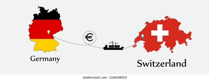 Business concept of both country. Ship transport from Germany go to Switzerland. And flags symbol on maps. EPS.file.Cargo ship.