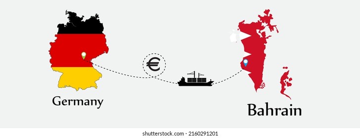 Business concept of both country. Ship transport from Germany go to Bahrain. And flags symbol on maps. EPS.file.Cargo ship.
