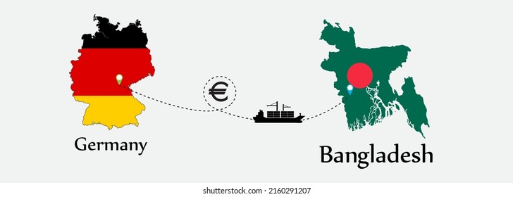 Business concept of both country. Ship transport from Germany go to Bangladesh. And flags symbol on maps. EPS.file.Cargo ship.
