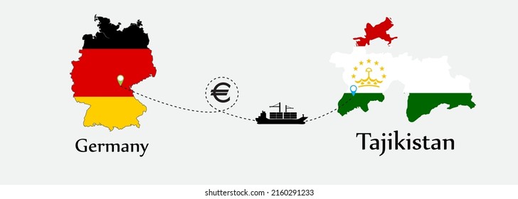 Business concept of both country. Ship transport from Germany go to Tajikistan. And flags symbol on maps. EPS.file.Cargo ship.