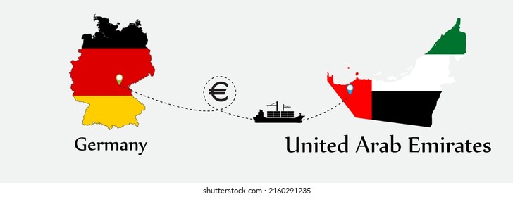 Business concept of both country. Ship transport from Germany go to United Arab Emirates. And flags symbol on maps. EPS.file.Cargo ship.