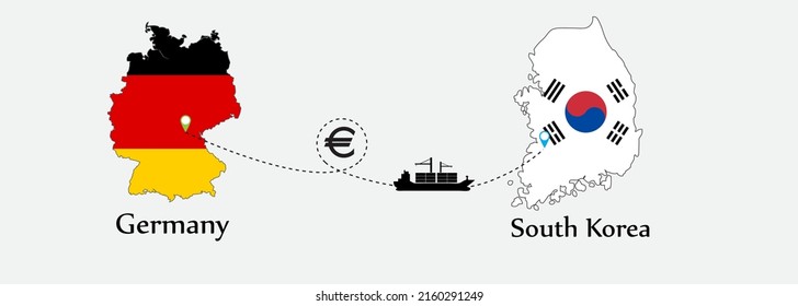 Business concept of both country. Ship transport from Germany go to South korea. And flags symbol on maps. EPS.file.Cargo ship.