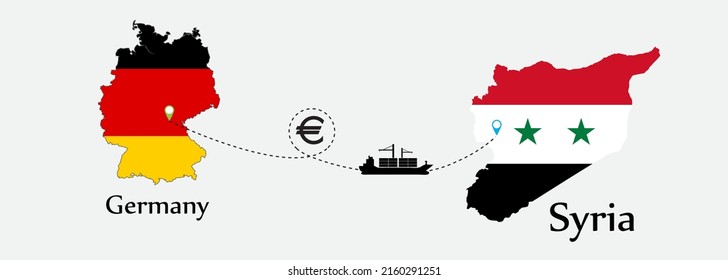 Business concept of both country. Ship transport from Germany go to Syria. And flags symbol on maps. EPS.file.Cargo ship.