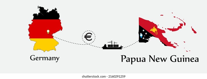 Business concept of both country. Ship transport from Germany go to Papua New Guinea. And flags symbol on maps. EPS.file.Cargo ship.