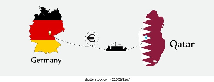 Business concept of both country. Ship transport from Germany go to Qatar. And flags symbol on maps. EPS.file.Cargo ship.