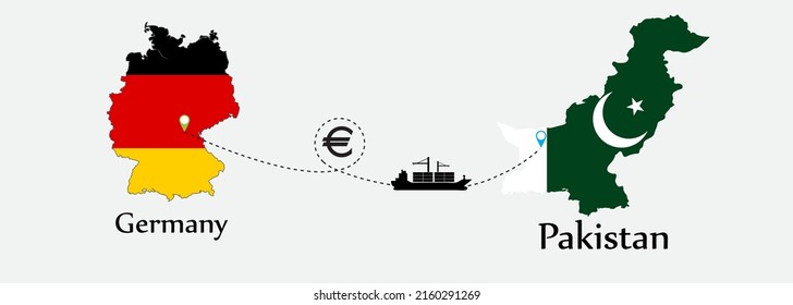 Business concept of both country. Ship transport from Germany go to Pakistan. And flags symbol on maps. EPS.file.Cargo ship.