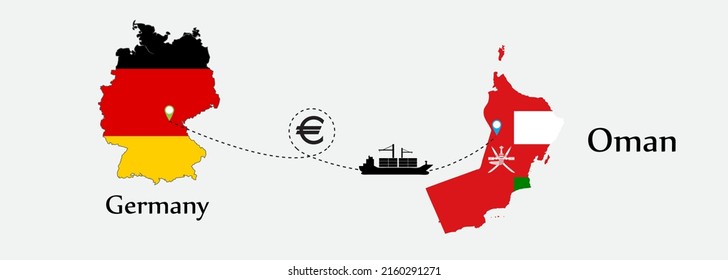 Business concept of both country. Ship transport from Germany go to Oman. And flags symbol on maps. EPS.file.Cargo ship.