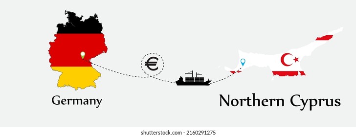 Business concept of both country. Ship transport from Germany go to Northern Cyprus. And flags symbol on maps. EPS.file.Cargo ship.