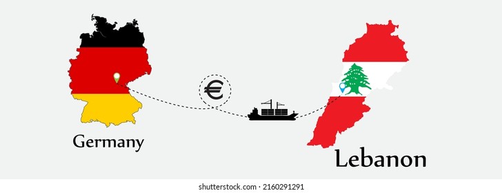 Business concept of both country. Ship transport from Germany go to Lebanon. And flags symbol on maps. EPS.file.Cargo ship.