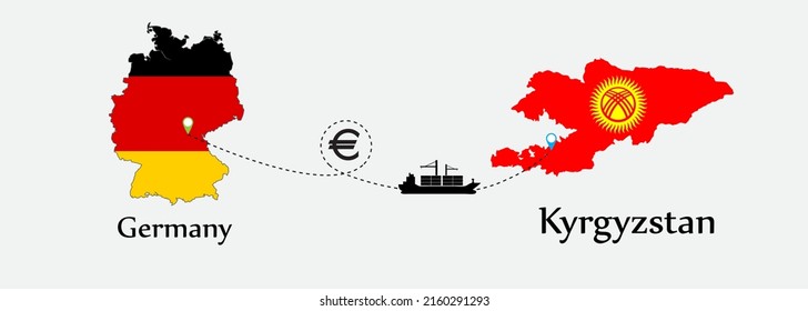 Business concept of both country. Ship transport from Germany go to Kyrgyzstan. And flags symbol on maps. EPS.file.Cargo ship.