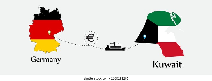 Business concept of both country. Ship transport from Germany go to Kuwait. And flags symbol on maps. EPS.file.Cargo ship.