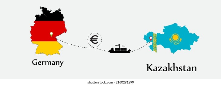 Business concept of both country. Ship transport from Germany go to Kazakhstan. And flags symbol on maps. EPS.file.Cargo ship.