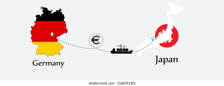 Business concept of both country. Ship transport from Germany go to Japan. And flags symbol on maps. EPS.file.Cargo ship.