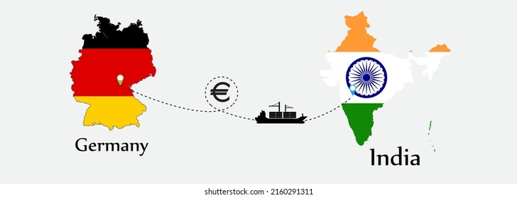 Business concept of both country. Ship transport from Germany go to India. And flags symbol on maps. EPS.file.Cargo ship.