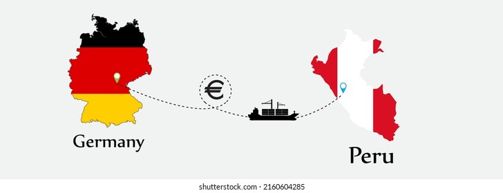 Business concept of both country. Ship transport from Germany go to Peru. And flags symbol on maps. EPS.file.Cargo ship.