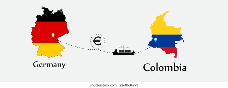 Concepto de negocio de ambos países. El transporte marítimo desde Alemania va a Colombia. Y símbolo de banderas en los mapas. Buque EPS.file.Cargo.