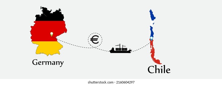 Business concept of both country. Ship transport from Germany go to Chile. And flags symbol on maps. EPS.file.Cargo ship.