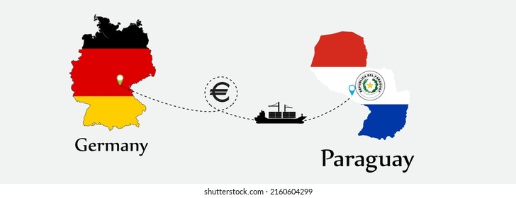 Business concept of both country. Ship transport from Germany go to Paraguay. And flags symbol on maps. EPS.file.Cargo ship.