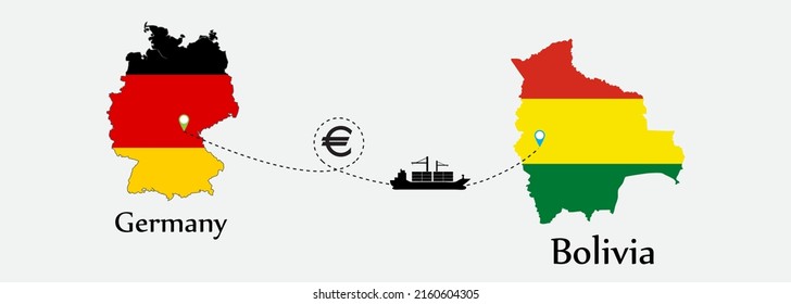 Business concept of both country. Ship transport from Germany go to Bolivia. And flags symbol on maps. EPS.file.Cargo ship.