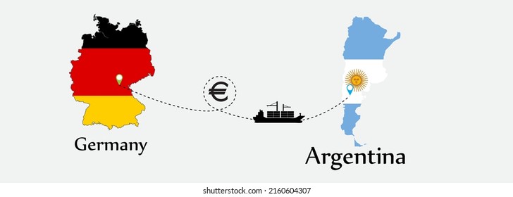 Business concept of both country. Ship transport from Germany go to Argentina. And flags symbol on maps. EPS.file.Cargo ship.