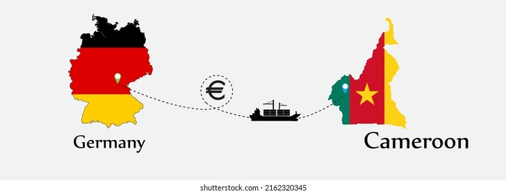 Business concept of both country. Ship transport from Germany go to Cameroon. And flags symbol on maps. EPS.file.Cargo ship.